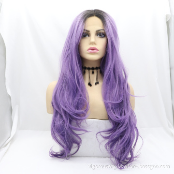 Vigorous long wave half ombre purple cheap curly dropshipping lace front full heat resistant synthetic hair wigs for women